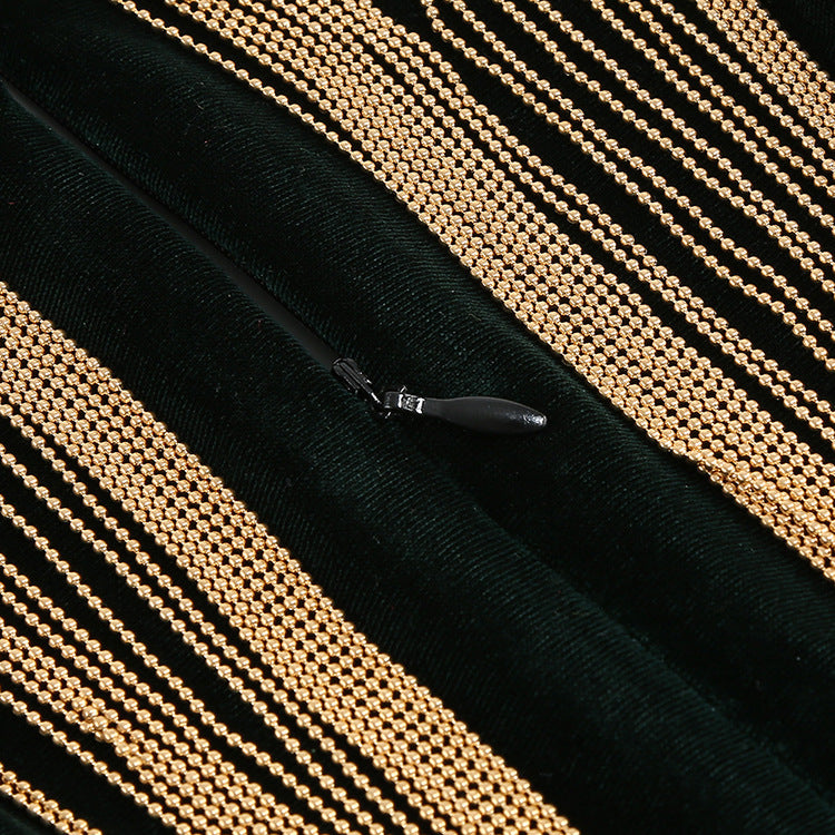 Abito Elegante con Frange Metalliche per Donna - Vestito da Sera Lungo con Maniche Lunghe e Scollo a V