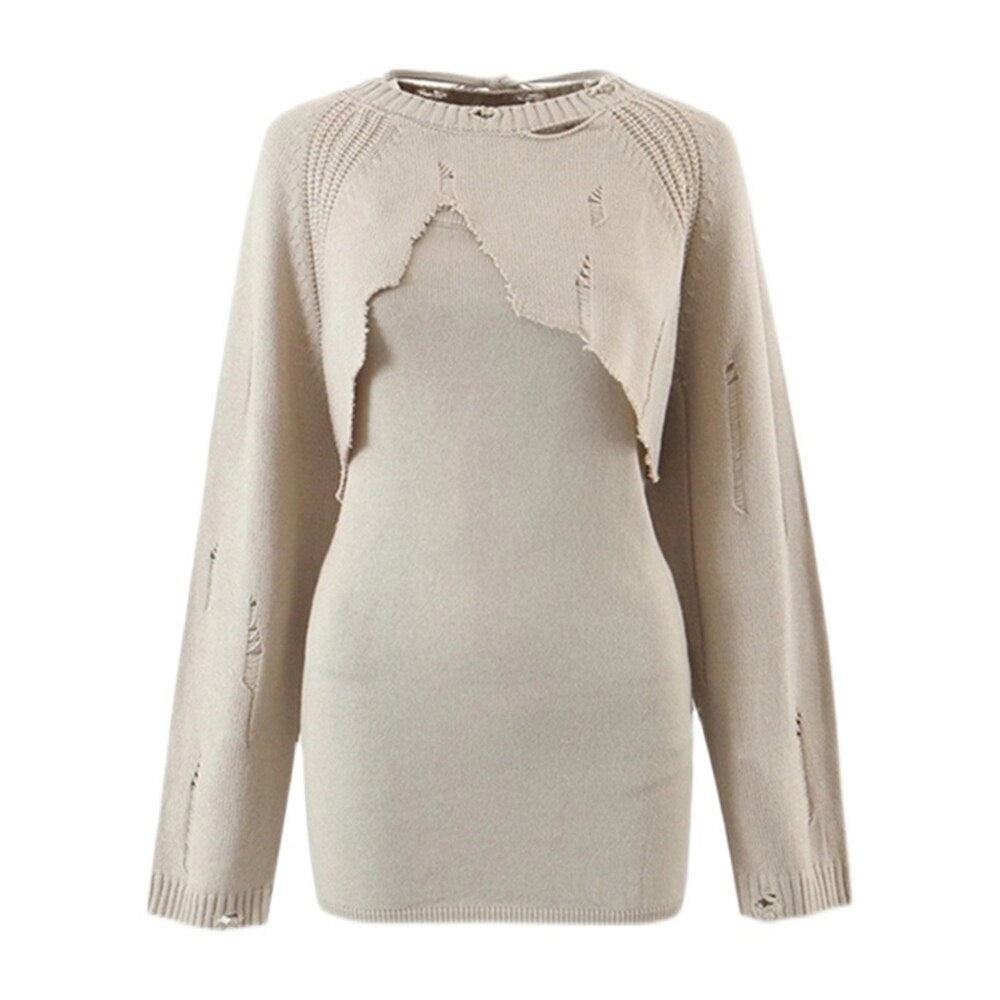 Completo Due Pezzi Donna con Top a Manica Lunga e Collo Rotondo, Abito Mini Senza Maniche con Collo Quadrato, Set in Maglia