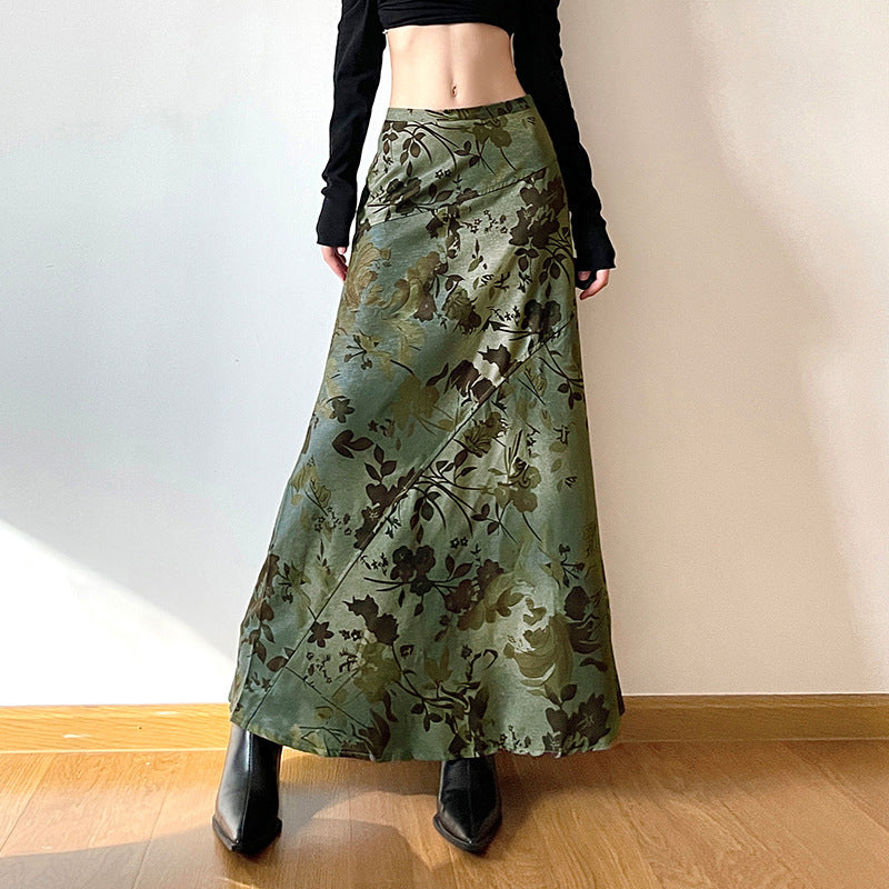 Gonna Verde Vintage a Vita Bassa con Stampa