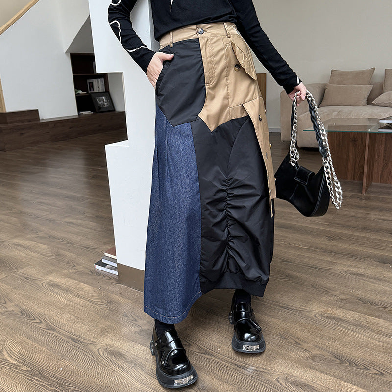 Gonna Lunga a Vita Alta in Denim Patchwork Retro per Donna