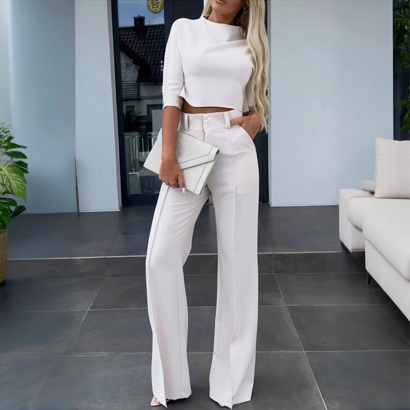 Completo Elegante Donna a Manica Corto con Pantaloni a Gamba Dritta e Tasche