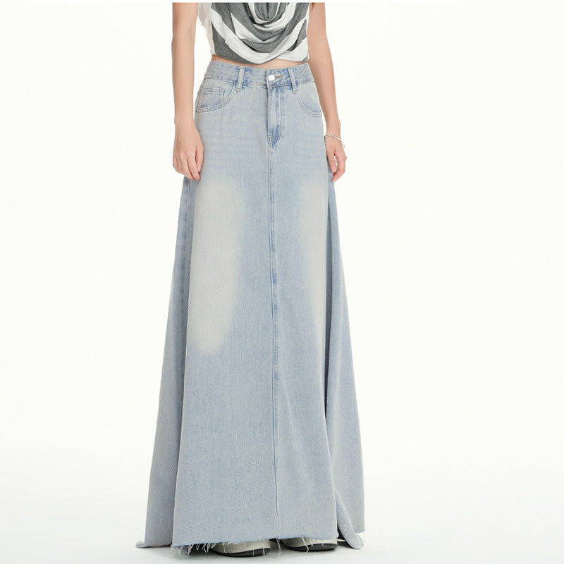Gonna Lunga in Denim a Vita Alta da Donna con Orlo Sfilacciato