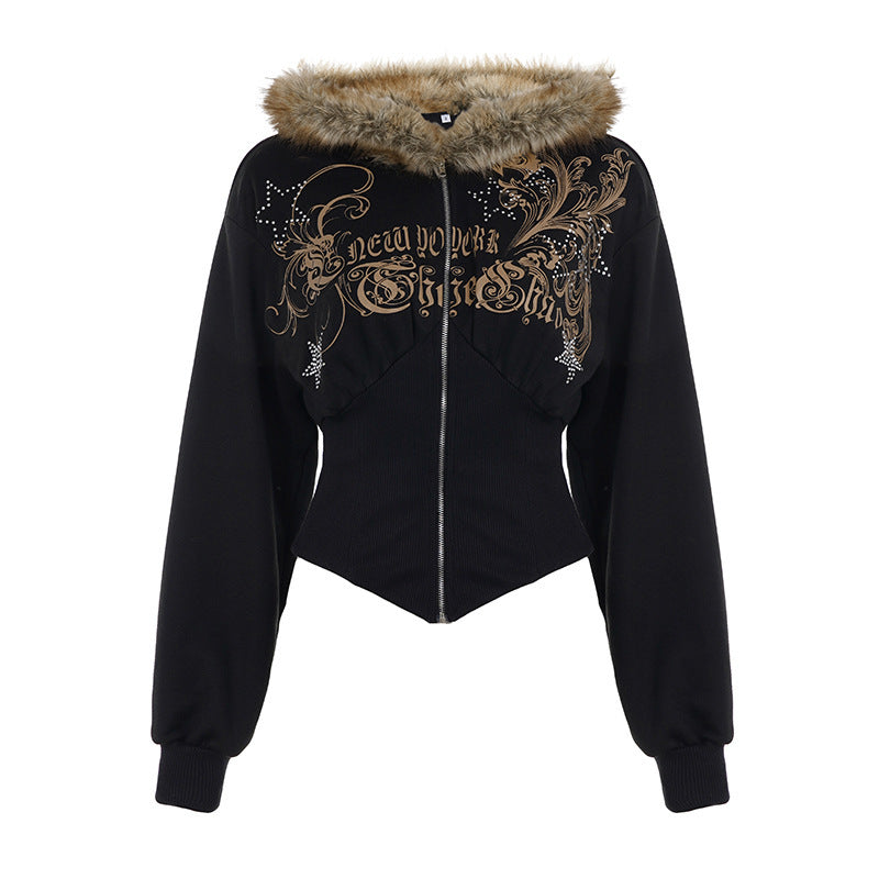 Giacca con Cappuccio in Felpa Nera con Strass Stampati
