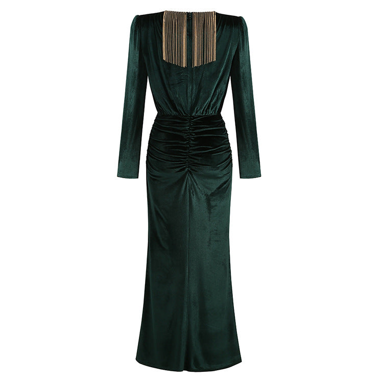 Abito Elegante con Frange Metalliche per Donna - Vestito da Sera Lungo con Maniche Lunghe e Scollo a V
