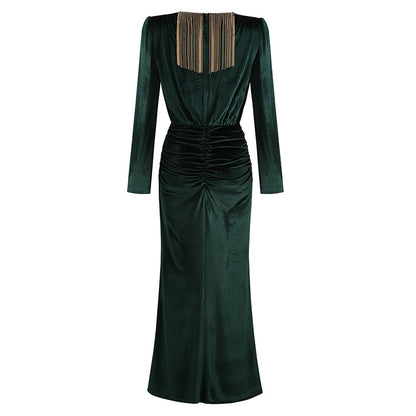 Abito Elegante con Frange Metalliche per Donna - Vestito da Sera Lungo con Maniche Lunghe e Scollo a V