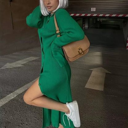 Abito In Maglia da Donna con Maniche a Lanterna - Elegante Vestito Slim con Spacco Centrale per l'Autunno