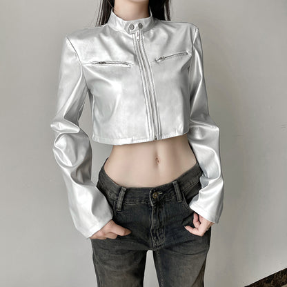 Giacca Corta in Ecopelle Argento con Collo Alto e Zip