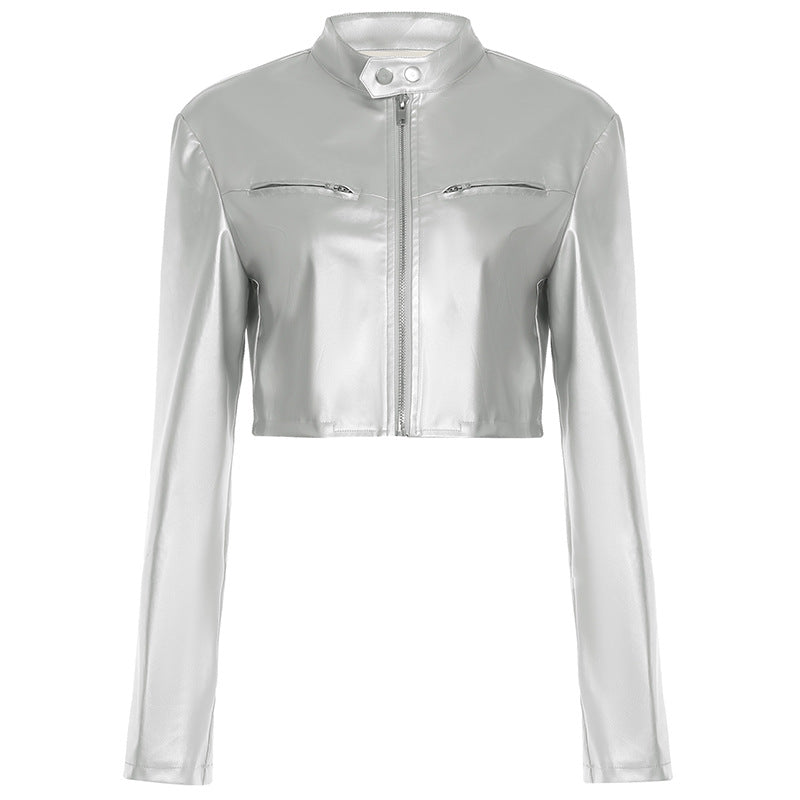 Giacca Corta in Ecopelle Argento con Collo Alto e Zip