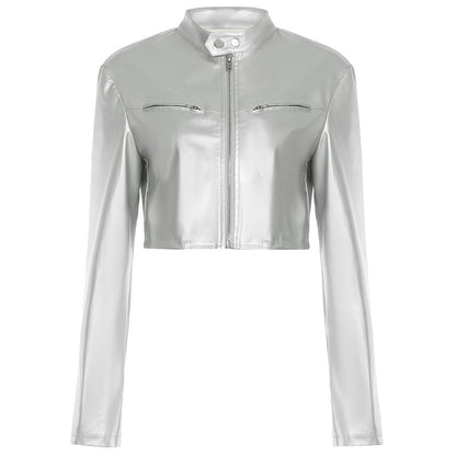 Giacca Corta in Ecopelle Argento con Collo Alto e Zip