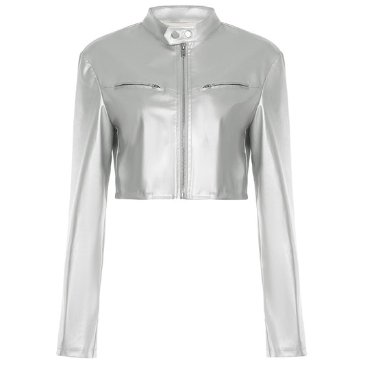 Giacca Corta in Ecopelle Argento con Collo Alto e Zip