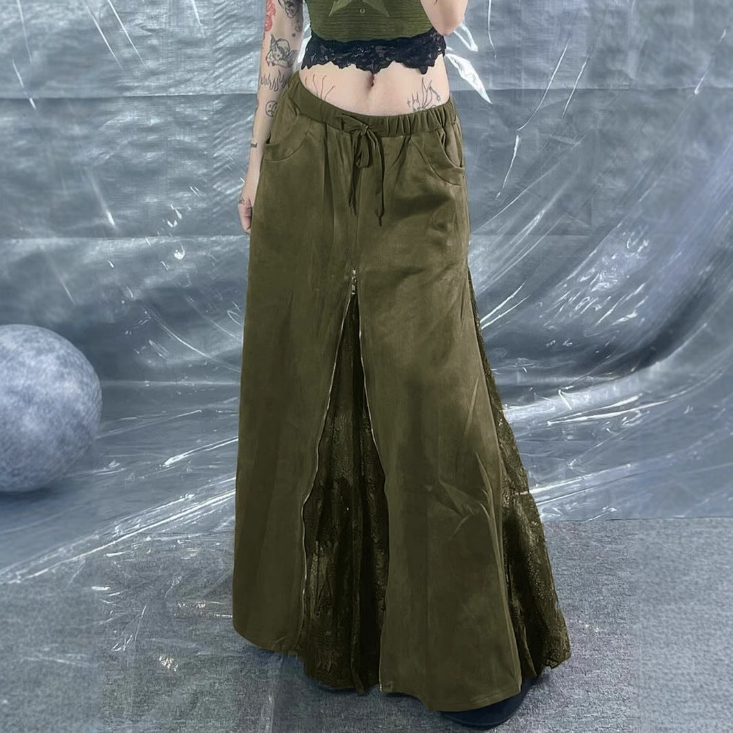Gonna Lunga Verde Vintage in Pizzo con Vita Bassa e Zip