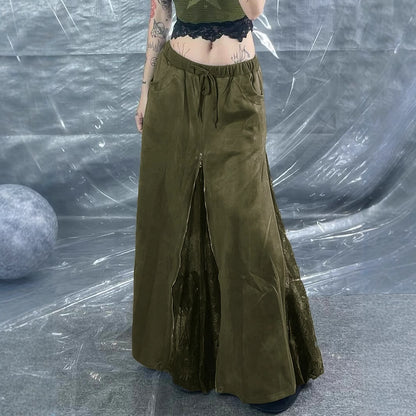 Gonna Lunga Verde Vintage in Pizzo con Vita Bassa e Zip