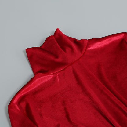 Mini Abito Sexy Elegante in Velluto da Donna Design Drappeggiato Collo Alto  Maniche Lunghe