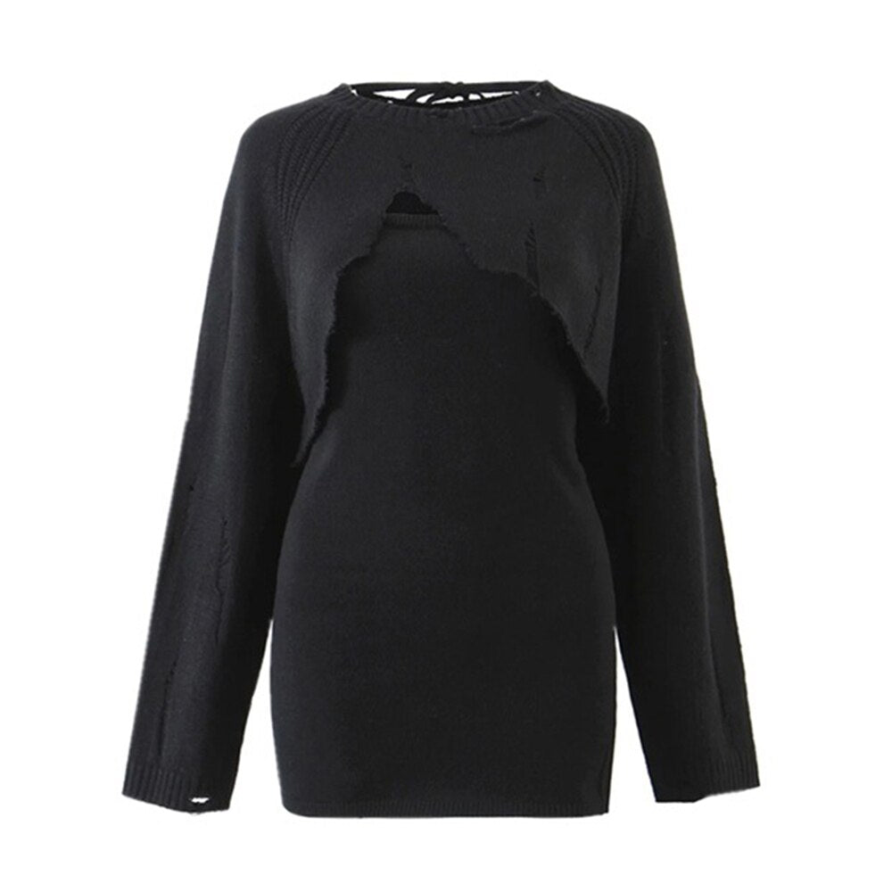 Completo Due Pezzi Donna con Top a Manica Lunga e Collo Rotondo, Abito Mini Senza Maniche con Collo Quadrato, Set in Maglia