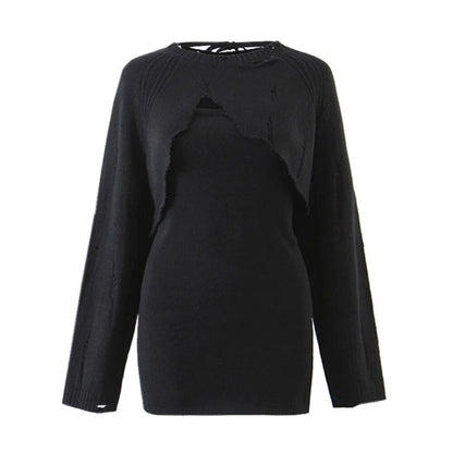 Completo Due Pezzi Donna con Top a Manica Lunga e Collo Rotondo, Abito Mini Senza Maniche con Collo Quadrato, Set in Maglia
