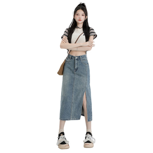 Gonna Midi In Denim Con Spacco A Vita Alta Linea A