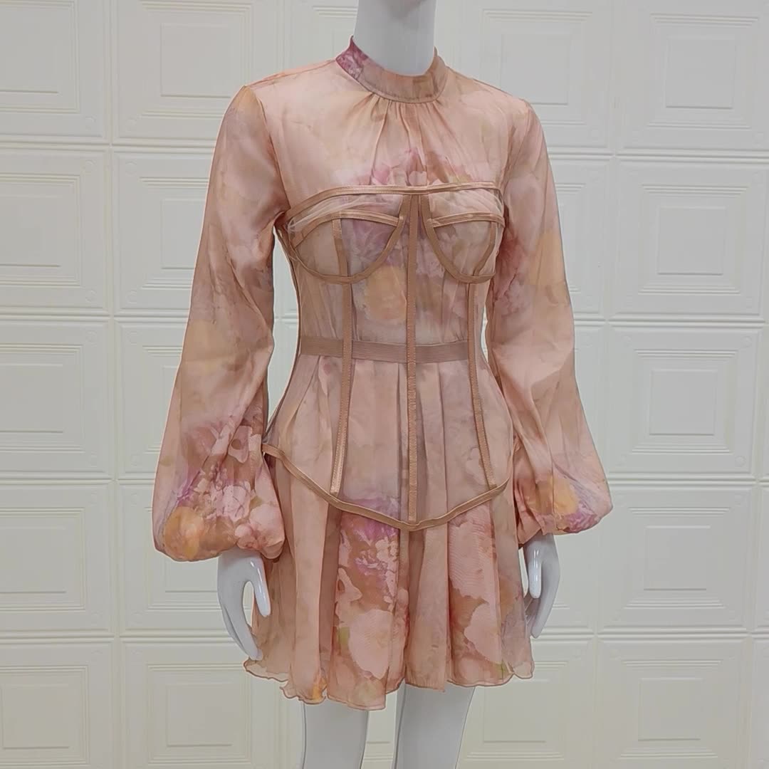 Gonna Fashion Donna Europea con Vestito Rosa in Chiffon – Set con Corsetto