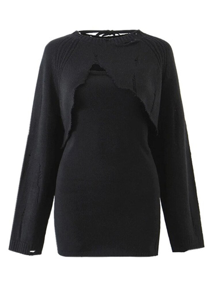 Completo Due Pezzi Donna con Top a Manica Lunga e Collo Rotondo, Abito Mini Senza Maniche con Collo Quadrato, Set in Maglia