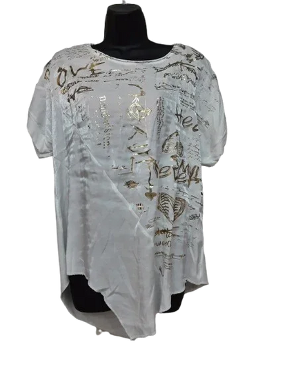 Camicetta Donna Bianca Elegante Asimmetrica Manica Corta, Motivi Dorati|Made in ITALY