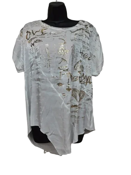Camicetta Donna Bianca Elegante Asimmetrica Manica Corta, Motivi Dorati|Made in ITALY