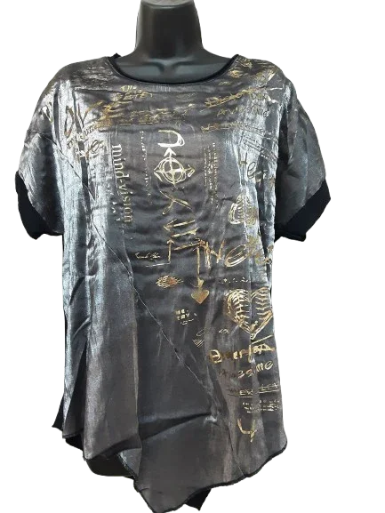 Camicetta Donna, Nera, Elegante Maniche Corte Asimmetrica Motivi dorati|Made in ITALY