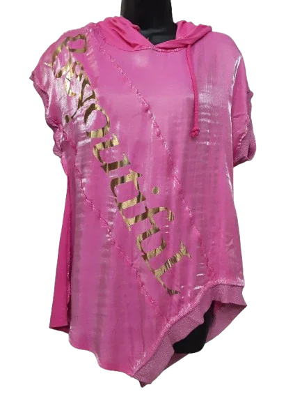 Camicetta da Donna Fucsia, Elegante Maniche Vorte Asimmetrica con Cappuccio/Made in ITALY