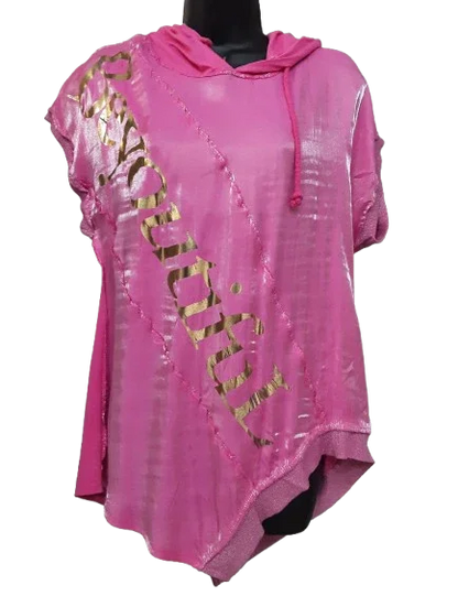 Camicetta da Donna Fucsia, Elegante Maniche Vorte Asimmetrica con Cappuccio/Made in ITALY