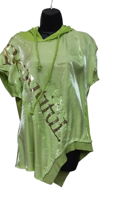 Maglietta da donna Verde con Cappuccio Maniche corte Asimmetrica/ Made in ITALY