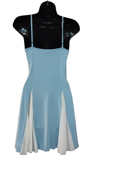 Abito Corto Blu e Bianco con Spalline Gonna Ampia Elegante