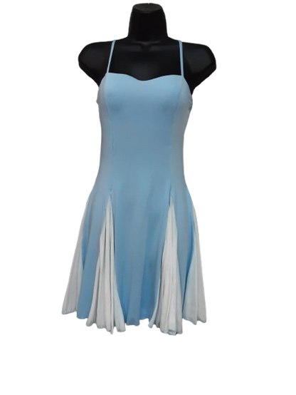 Abito Corto Blu e Bianco con Spalline Gonna Ampia Elegante
