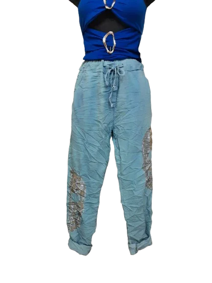 Pantaloni Donna Blu con Dettaglio Oro e Argento | Eleganti & Chic|Made in ITALY