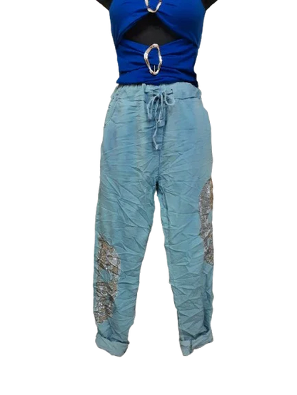 Pantaloni Donna Blu con Dettaglio Oro e Argento | Eleganti & Chic|Made in ITALY