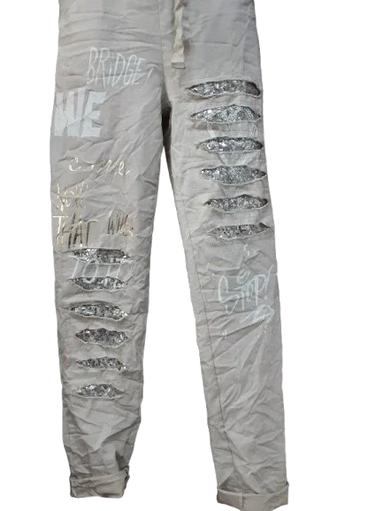 Pantaloni Lunghi Donna Beige con Ornamento D'argento|Made in ITALY