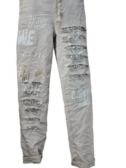 Pantaloni Lunghi Donna Beige con Ornamento D'argento|Made in ITALY