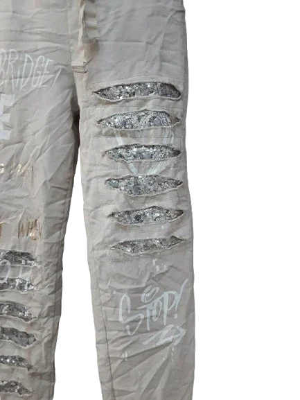 Pantaloni Lunghi Donna Beige con Ornamento D'argento|Made in ITALY