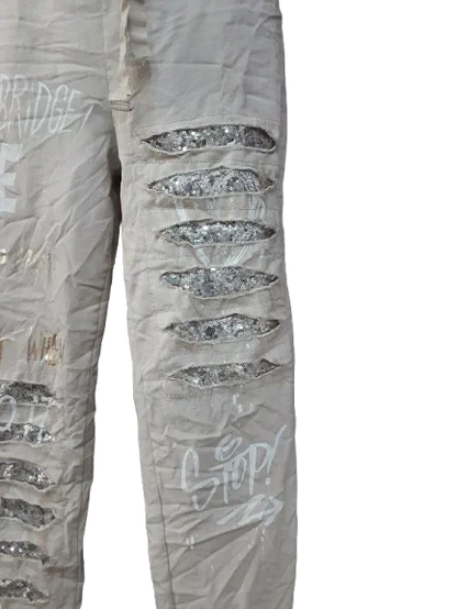 Pantaloni Lunghi Donna Beige con Ornamento D'argento|Made in ITALY