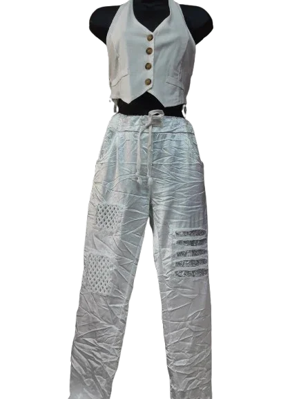 Pantaloni Donna Bianchi con Ornamento D'argento sulla gamba Eleganti Sportivi