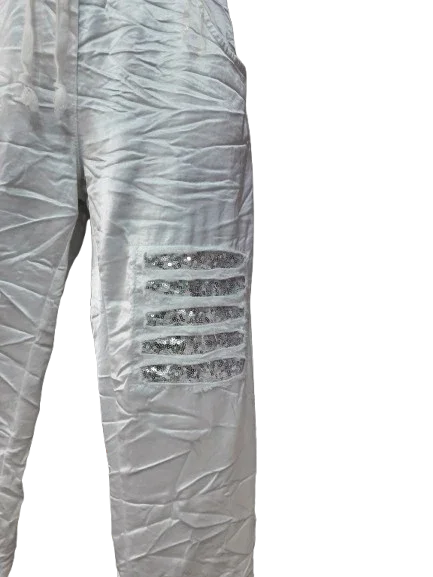 Pantaloni Donna Bianchi con Ornamento D'argento sulla gamba Eleganti Sportivi