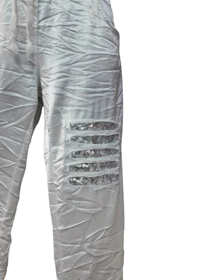 Pantaloni Donna Bianchi con Ornamento D'argento sulla gamba Eleganti Sportivi