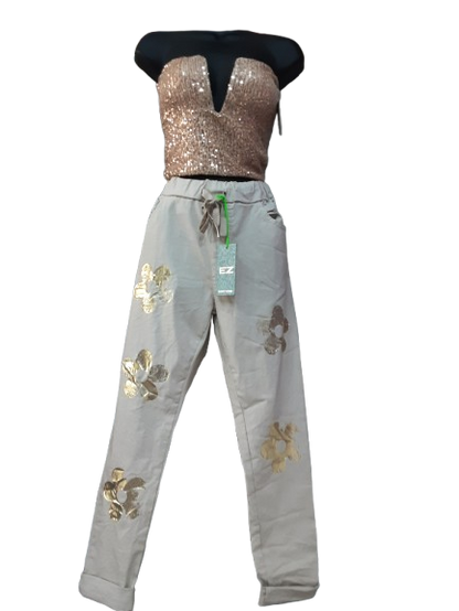 Pantaloni da Donna Beige Eleganti con Ornamento Floreale Oro