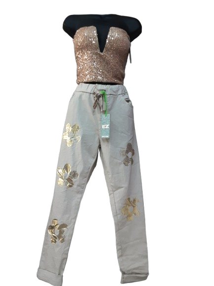 Pantaloni da Donna Beige Eleganti con Ornamento Floreale Oro