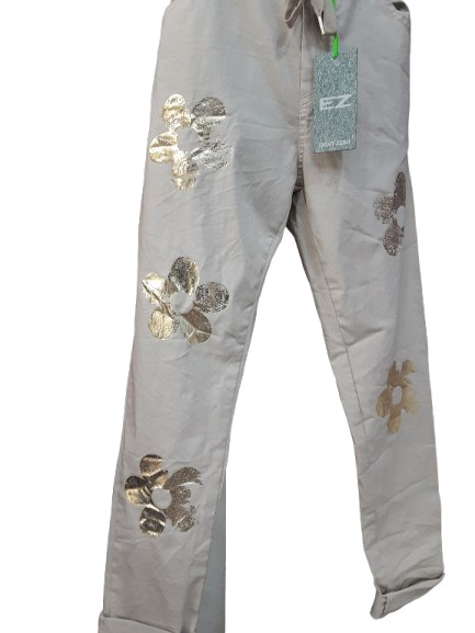 Pantaloni da Donna Beige Eleganti con Ornamento Floreale Oro