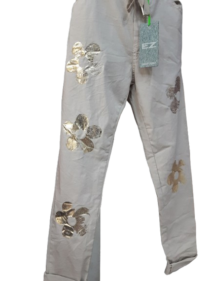 Pantaloni da Donna Beige Eleganti con Ornamento Floreale Oro