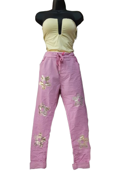 Pantaloni Lunghi Donna Rosa con Dettaglio Lusso Oro