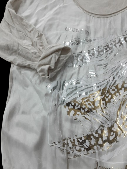 Maglietta Beige Elegante in Satin e Dettagli Oro e Argento Manica Lunga Made in Italy