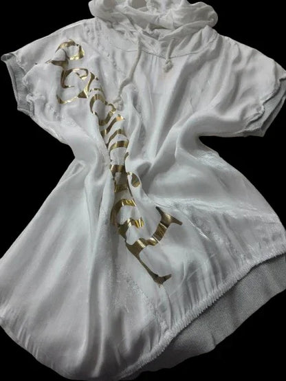Maglietta Bianca da Donna con Cappuccio Design Asimmetrico Made in ITALY