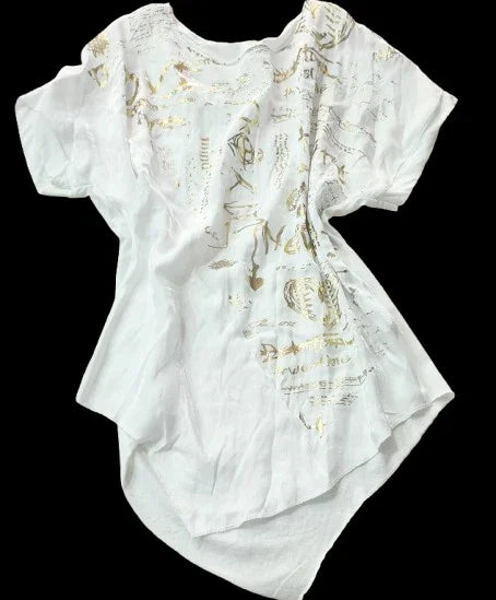 Camicetta Donna Bianca Elegante Asimmetrica Manica Corta, Motivi Dorati|Made in ITALY