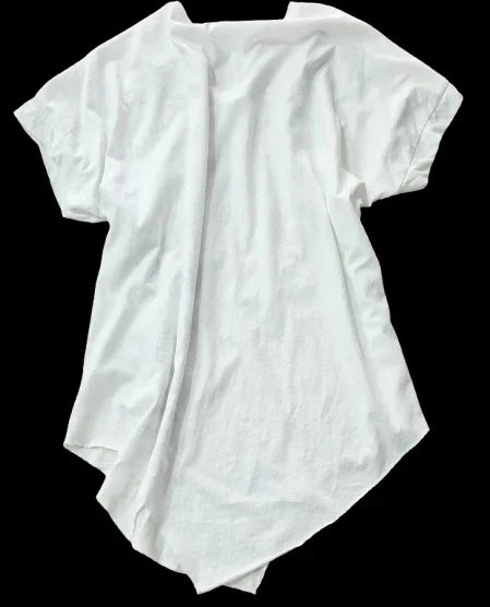 Camicetta Donna Bianca Elegante Asimmetrica Manica Corta, Motivi Dorati|Made in ITALY