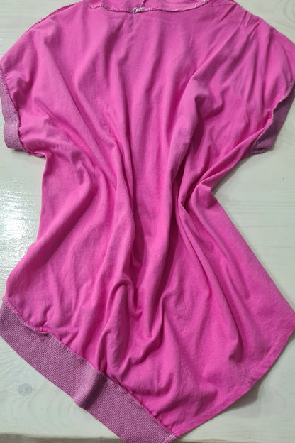 Camicetta da Donna Fucsia, Elegante Maniche Vorte Asimmetrica con Cappuccio/Made in ITALY