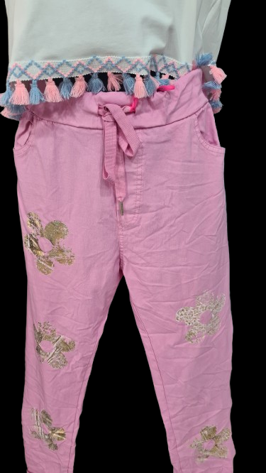 Pantaloni Lunghi Donna Rosa con Dettaglio Lusso Oro
